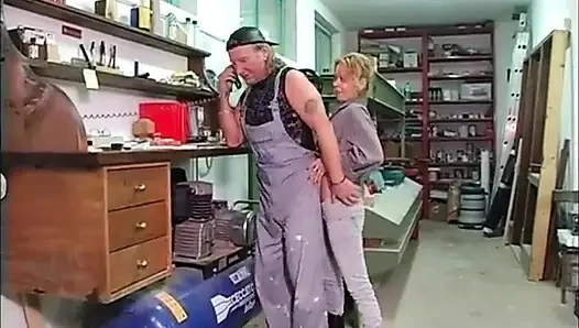 Horny Fuck Pig in Red Lingerie Fucks a Craftsman in the Workshop
