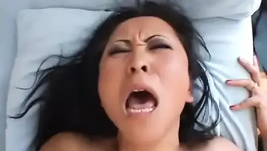 Crude Asian slut sucks beefy boner then gets tight bald muff drilled for cumload