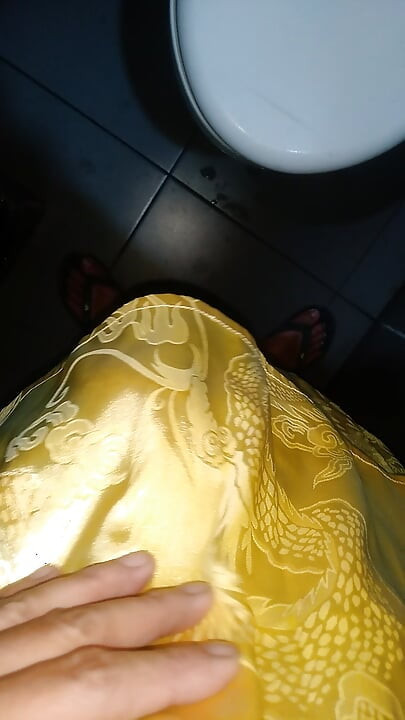 Crossdresser cum wearing satin pajamas