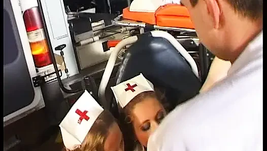 Magnificent blonde German nurses sharing dicks in ambulance van