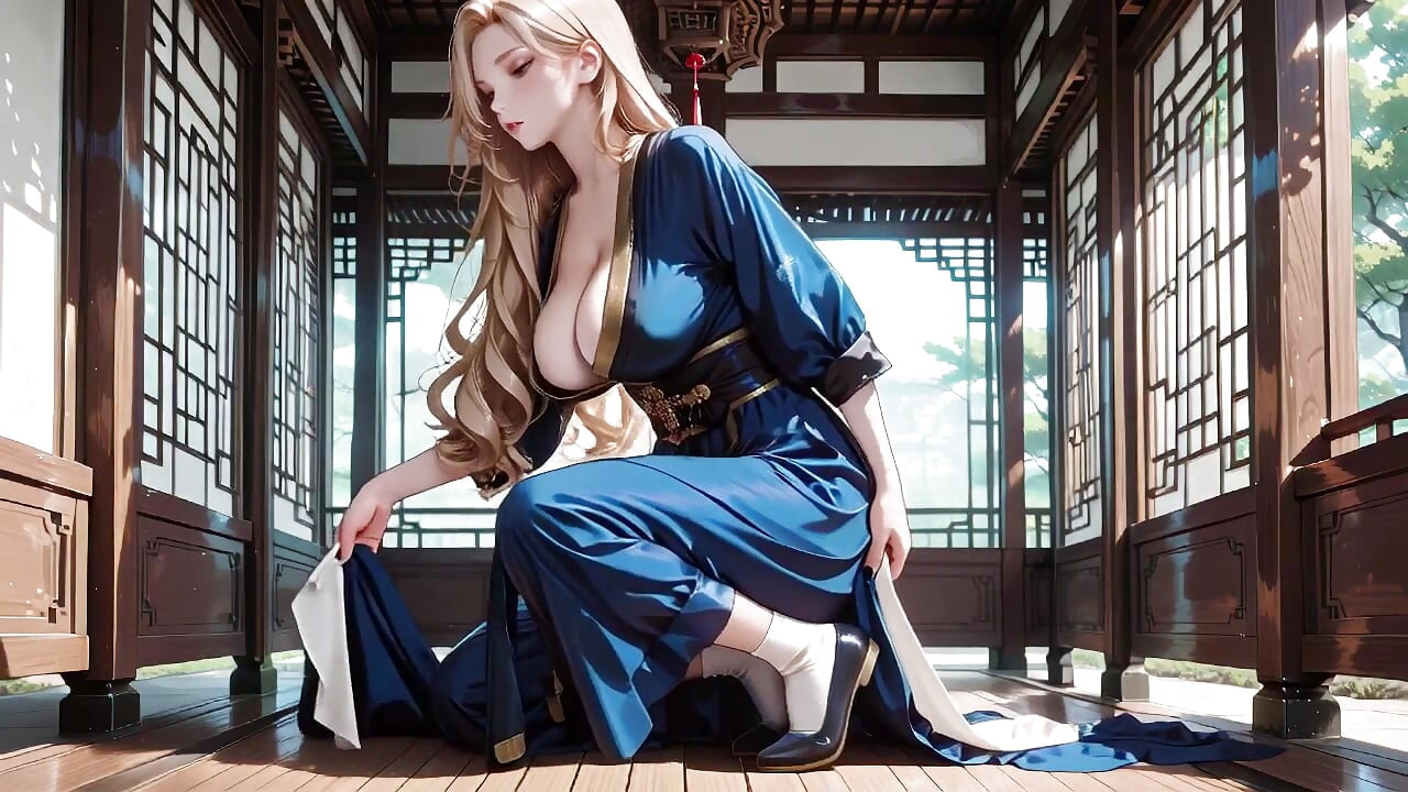 Blonde Goddess in Silk! Lazy Strolls, Kneeling Glances, and Fingertips Grazing Her Chest in a Sun-drenched Japanese Corridor