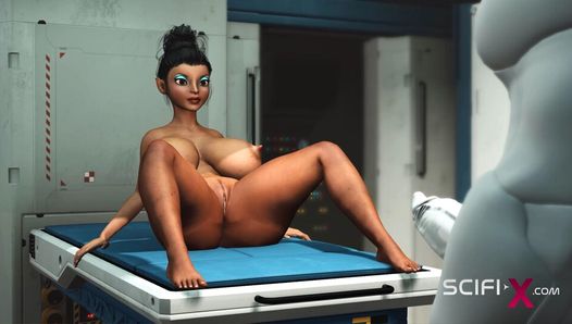 Eine sexy junge vollbusige Ebenholz hat harten Analsex mit Sexroboter in der Medbay