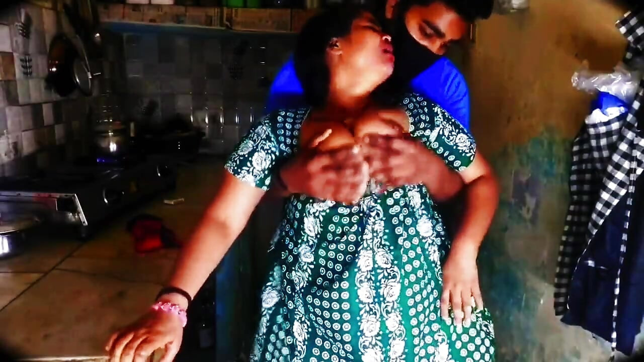 Aunty Was Working in the Kitchen When the Neighbor Boy Came and Started Pressing Her Big Soft Boobs