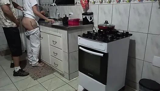 Maid had her ass used while washing dishes.