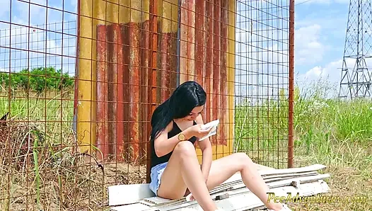Sexy Brunette Trying Hard to Empty Her Bladder Outside, Then Quick Pee Next to a House in Construction