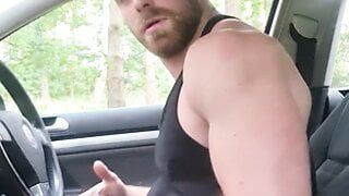 Muscular guy with perfect body is jerking off inside a car