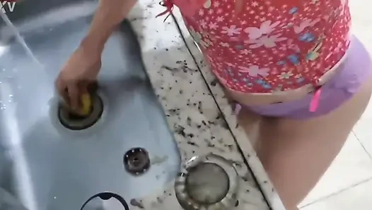 Hot housewife in kitchen in panties