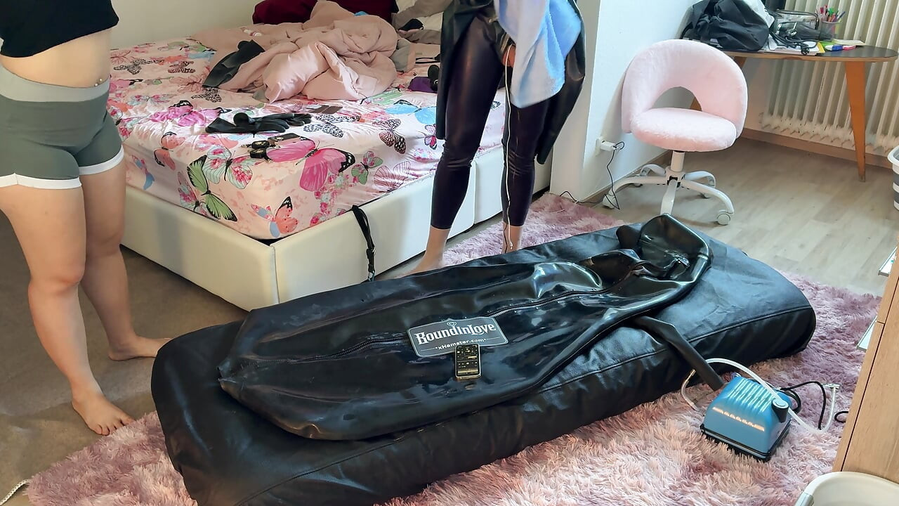 Wife drives her husband to orgasm with ESTIM in Inflatable Full Body Latex Bondage Bag. Restricted Breathing - Gagged  Butt Plug
