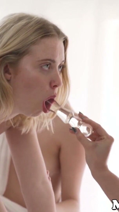 Submissive blonde dyke gets her pussy toyed in threesome | Clip 1