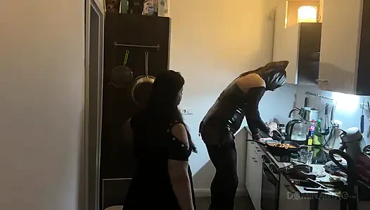 Dominant MILF Stretches Latex Sub's Ass Wide in Kitchen