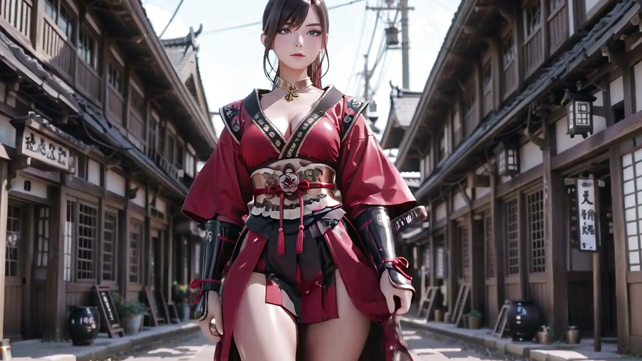 Crimson Samurai! Red-haired warrior kneeling in the sun, transitioning from silent grace to explosive sword strikes.