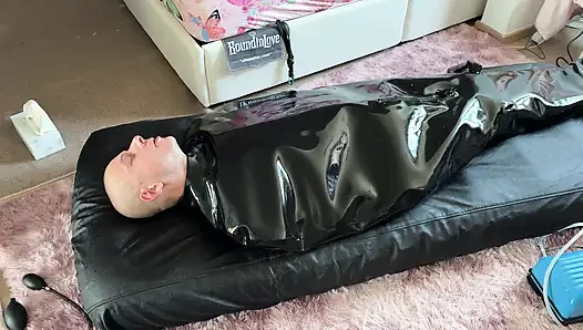 Wife drives her husband crazy with ESTIM in Inflatable Full Body Latex Bondage Bag - Exreme Edging. Restricted Breathing Gagged