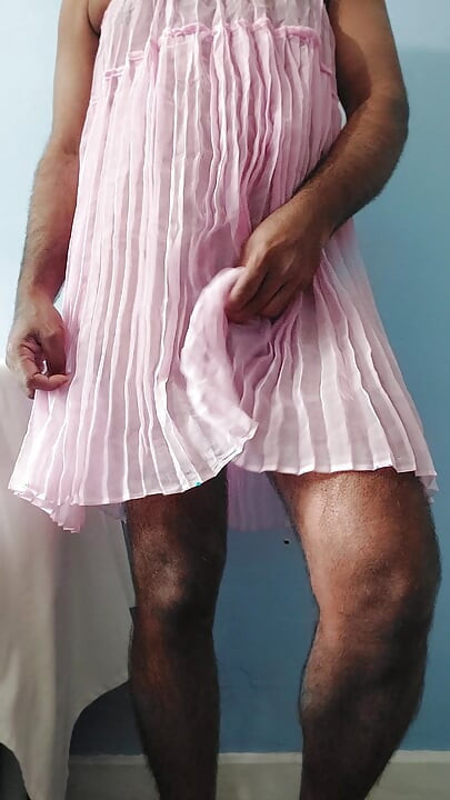 It feels so horny when masterbating in this silk seethrough fleard pleated chiffon pink skirt