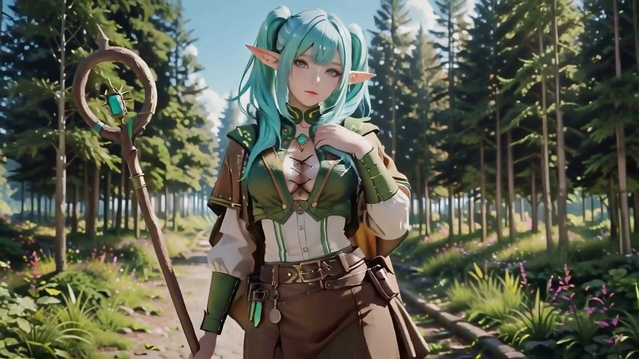 Forest Fantasy! Blue Elf Kneeling, Green Elf Teasing, Sun-dappled Magic & Wand Play, Who Gives in First?