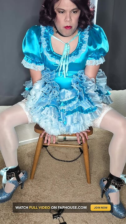 Satin Sissy Maid Riding Her Sex Doll in Chastity and Cuffs
