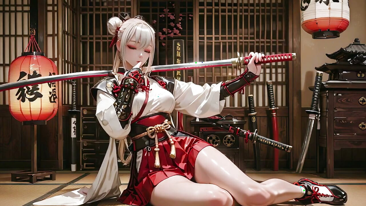 Red & White Kimono Warrior! Kneeling on Tatami with Dual Blades, Silver-Haired Girl's Mesmerizing Gaze.
