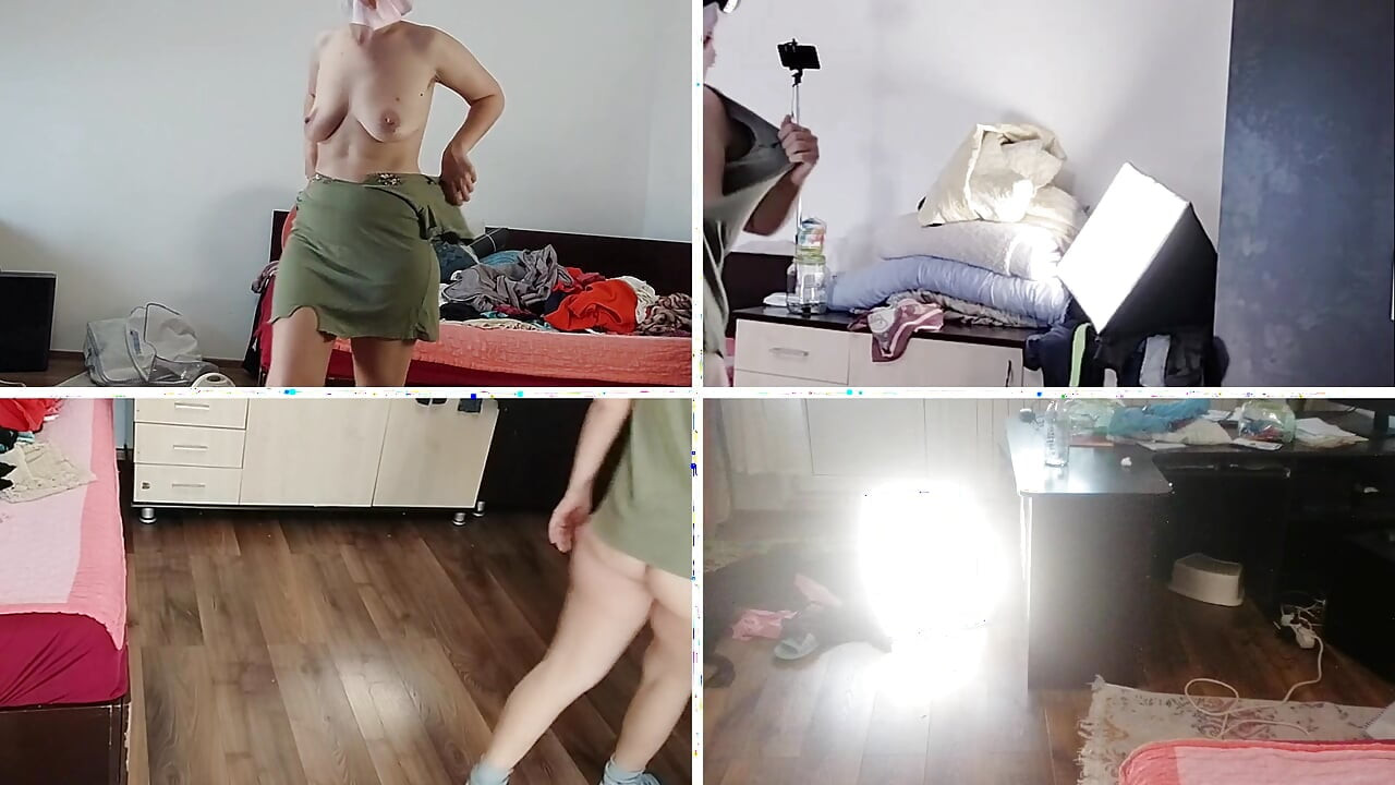 Amateur wife dancing naked at home. Amateur woman has fun trying on clothes and cutting them