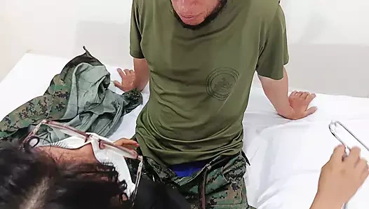 A doctor sensually gropes a soldier in the doctor's office during a consultation.