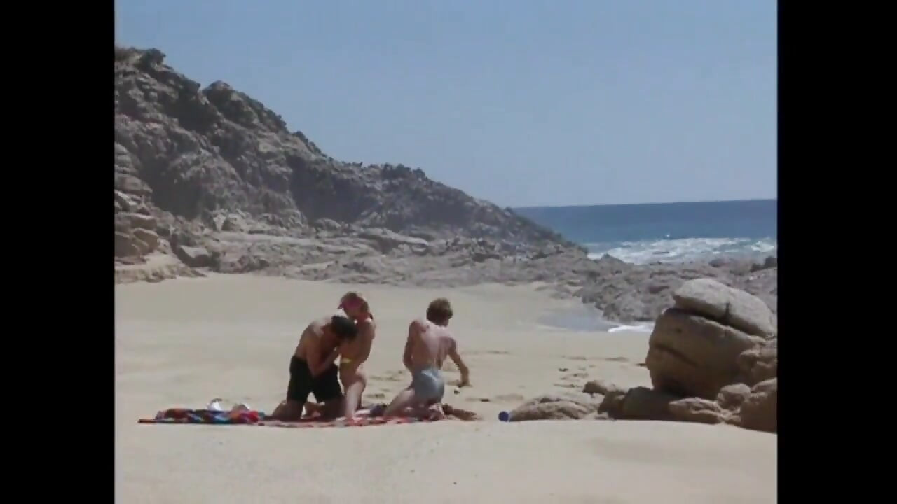 Threesome - Young Skinny Blondie Slut Fucks Her Stepdad's Friends on the Beach