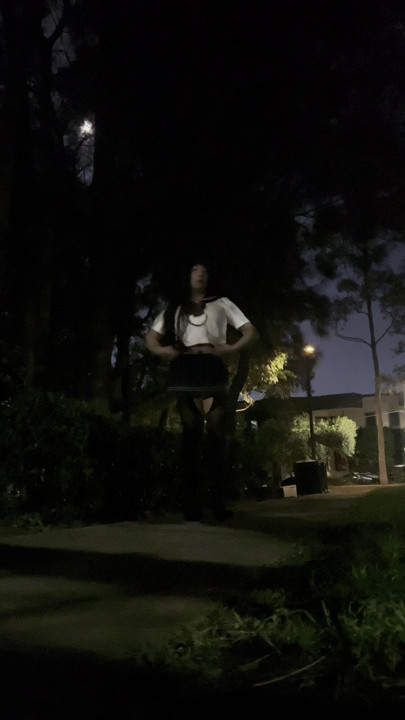 Asian sissy in school girl uniform night walk in park with vibrator