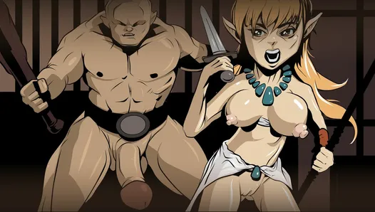 Naked dungeos & dragons fantasy elf girl running from big dicked cave troll in hentai cartoon style.
