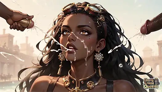 Zenci kraliçe çöl oral, steampunk seks ile baştan çıkarıyor.