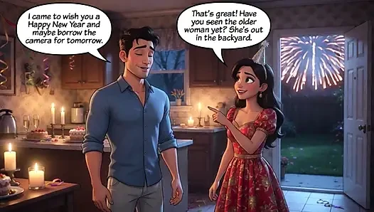 A Forbidden New Year Passion Ignites Antara Teman Dekat di Halaman Belakang Moonlit (AI yang dihasilkan)