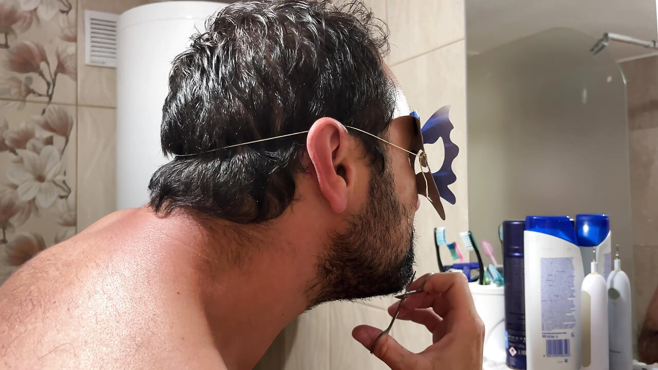 Grooming Routine Earl Smile Trimming Beard With Scissors In Bathroom