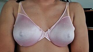 Pink satin bra, caressing my boobs and nipples