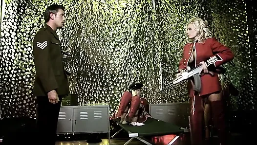 Three horny army babes masturbate when hunk comes along to fuck them