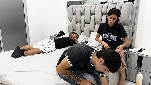 Handsome and muscular young man gives a hard fuck to the naughty horny girlfriend of his little midget best friend.