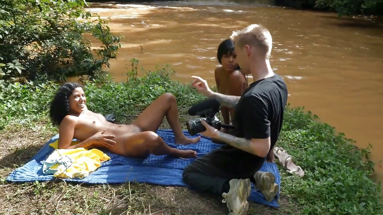 Behind the Scenes of a Porn Shoot, Two Dark-skinned Latinas Please Each Other Outdoors