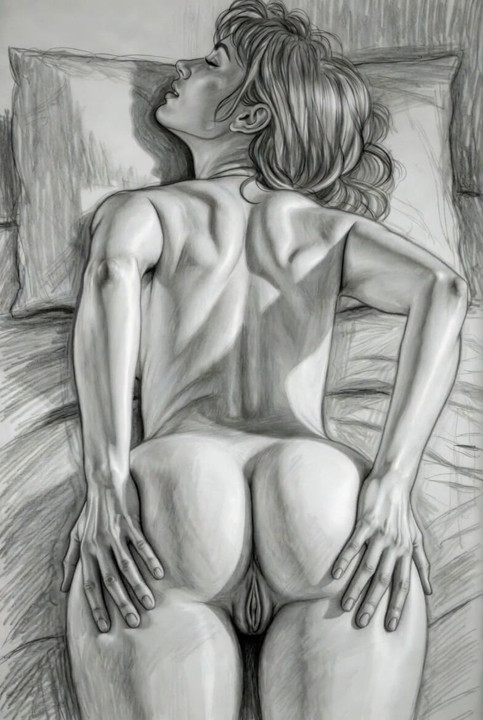 Sensual Blonde Spreading Her Ass in Bed - Erotic Art (6 of 7)