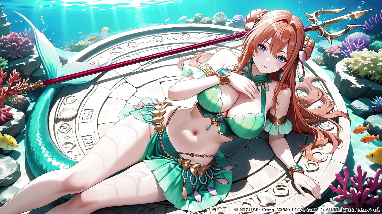 Princesa sirena pelirroja en su tour privado por el palacio submarino, bikini verde que abraza sus curvas, botas de tacón sobre la arena suave,