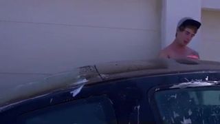 Buddies washing the car