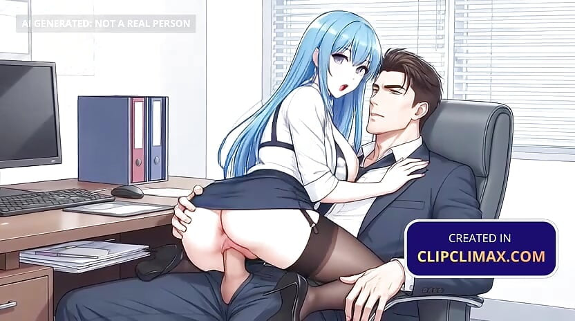 Az anime titkárnő elcsábítja a főnököt az üres irodában: csók, szopás és cowgirl hentai szex szoknyával és harisnyával - munkatársi szex