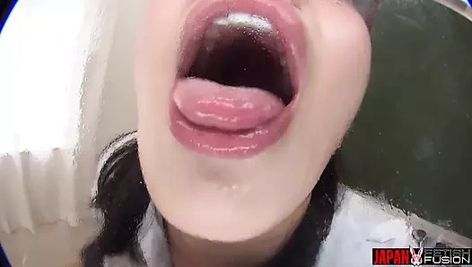Thick Spit Hits Hard. Soaked Tongue Lingers. Teacher Tomoka Akari, Mouth Wide Open, Feeds You... and Your Fetish