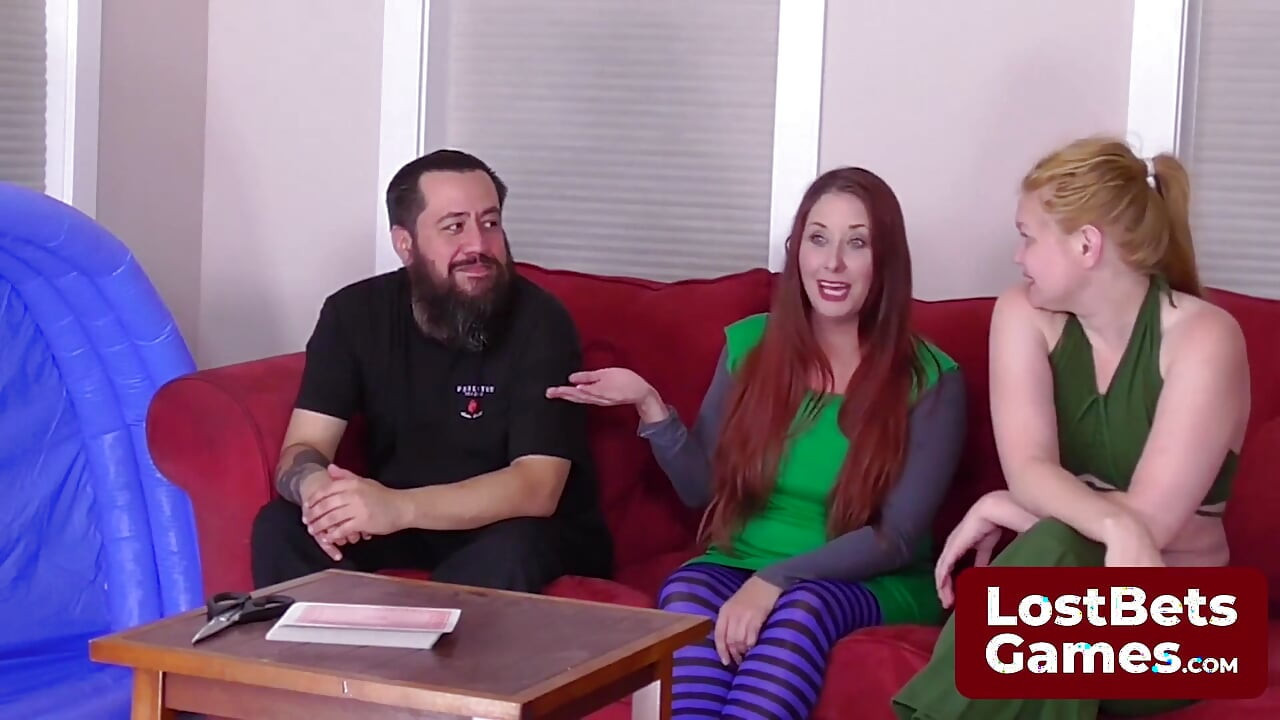 A Bearded Guy Teaming up with Julie and Belle for a Strip High Card Game
