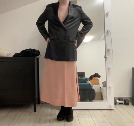 Satin silk beige dress, red trousers and black jacket sissy