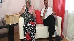 Old German granny and a dark haired teen pleasing a hard cock