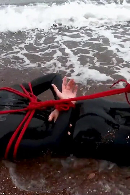 Hogtied in a Wetsuit - Rope Bondage Escape Challenge on the Beach