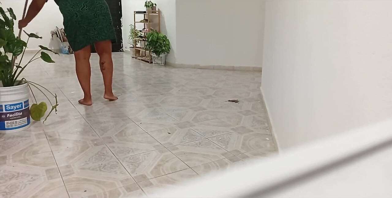 Chubby Neighbor Cleaning Her New Apartment