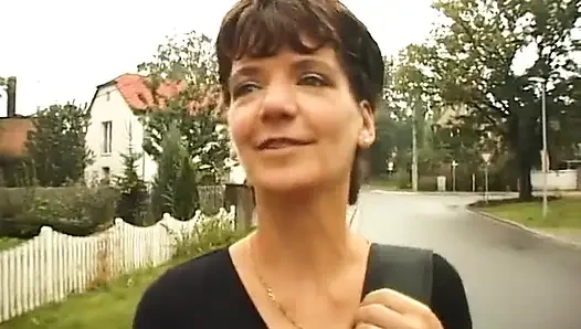 Brunette mature jizzed on tits after sucking old mans dick