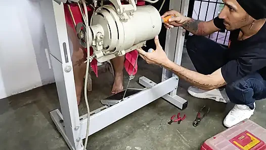 Pumping Sewing Machine Pedal Into Underwear While A Man Repairs It