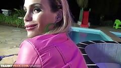 Gorgeous shemale with pink jacket gets a cumshot on her big