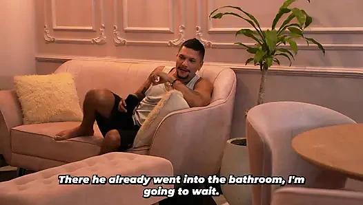 A busty blonde walks out of the bathroom naked after her stepbrother plays a prank on her with the towel