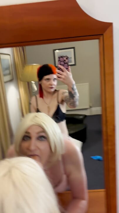 Towering Sissy Ruined Domme Fucks Slut Lizzy with Mirror Dildo Chaos Matching Lingerie, Amateur POV, Real Begging