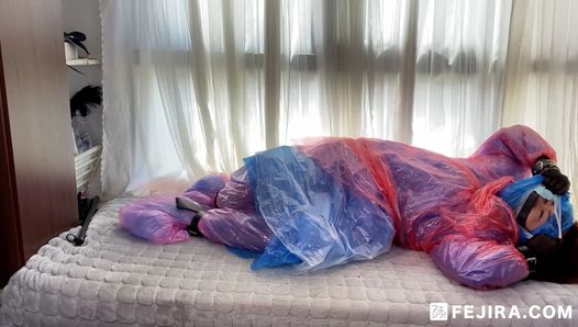 Fejira com-zes lagen plastic regenjas met zentai regenkleding bindend orgasme