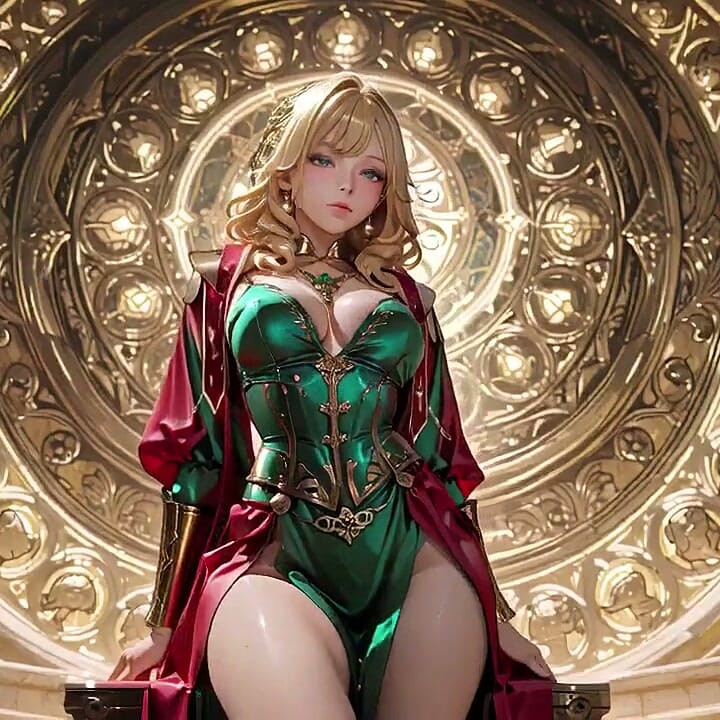 Blonde Angel Queen! Sacred Kneeling in a Grand Cathedral, the Green Robe Barely Hiding Her Soft Curves
