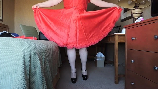 Sissy Ray in Red Silky Dress and no panties